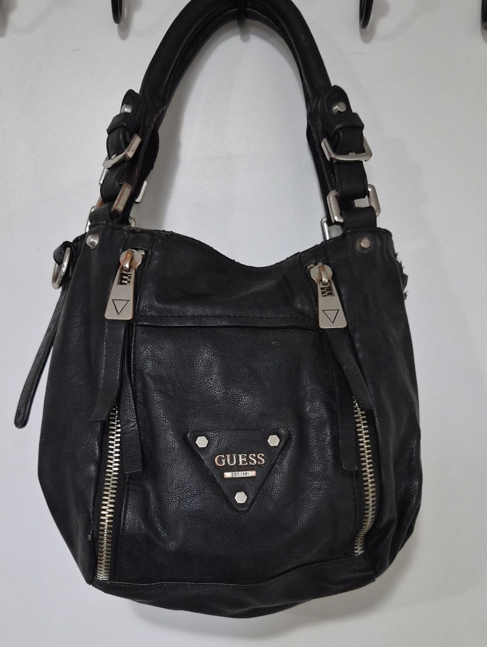 GUESS Black Leather Handbag with Silver Hardware